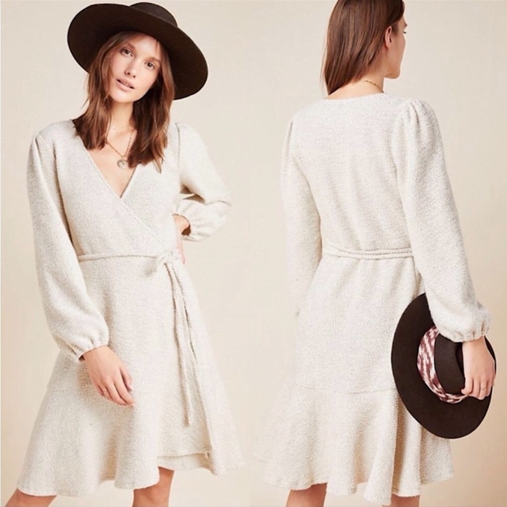 Anthropologie | Cream Long Sleeve Wrap Dress with Side Tie Size Small